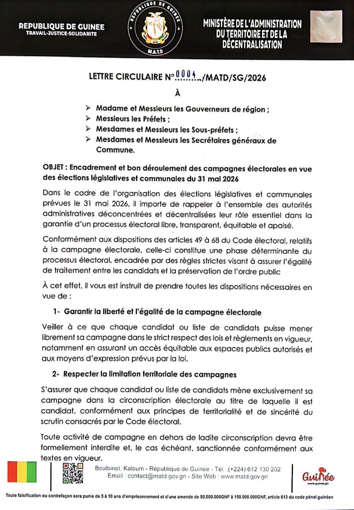 Encadrement et bon déroulement des campagnes électorales en vue des élections législatives et communales du 31 mai 2026