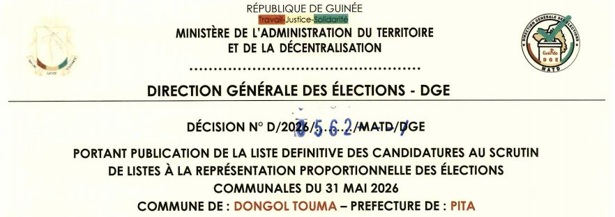 DÉCISION PORTANT PUBLICATION DE LA LISTE DEFINITIVE DES CANDIDATURES AUX ÉLECTIONS COMMUNALES DANS LA COMMUNE DE DONGOL TOUMA PRÉFECTURE DE PITA 