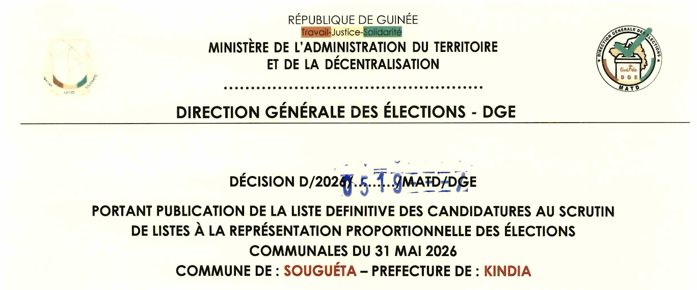 DÉCISION PORTANT PUBLICATION DE LA LISTE DEFINITIVE DES CANDIDATURES AUX ÉLECTIONS COMMUNALES DANS LA COMMUNE DE SOUGUETA PRÉFECTURE KINDIA