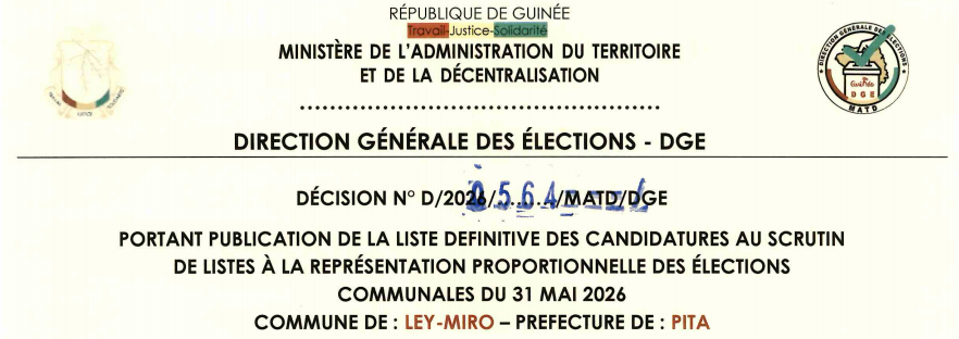 DÉCISION PORTANT PUBLICATION DE LA LISTE DEFINITIVE DES CANDIDATURES AUX ÉLECTIONS COMMUNALES DANS LA COMMUNE DE LEY MIRO PRÉFECTURE DE PITA 