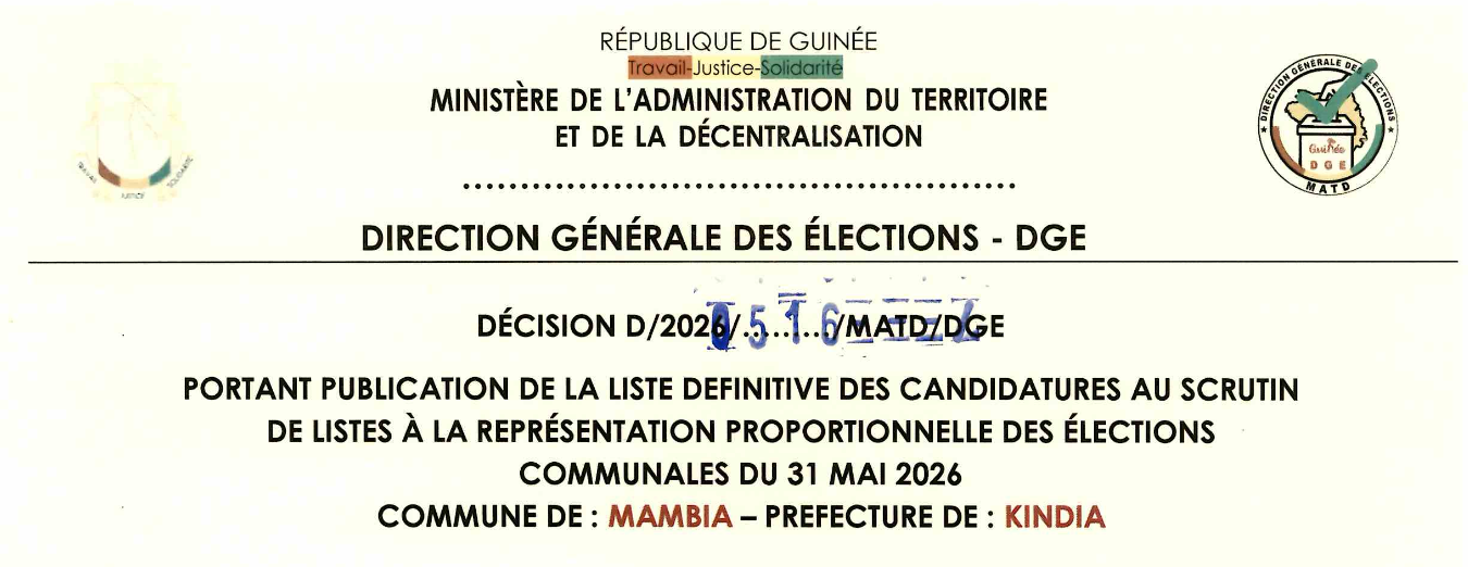 DÉCISION PORTANT PUBLICATION DE LA LISTE DEFINITIVE DES CANDIDATURES AUX ÉLECTIONS COMMUNALES DANS LA COMMUNE DE MAMBIA PRÉFECTURE KINDIA