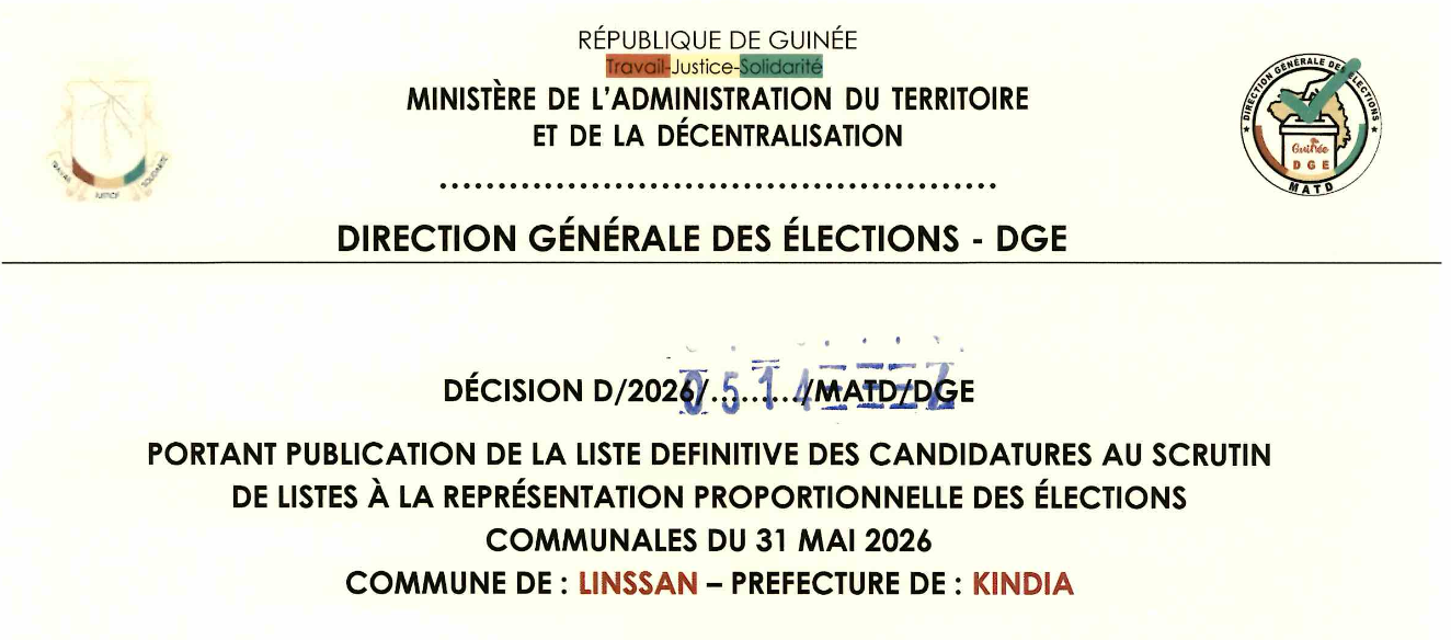 DÉCISION PORTANT PUBLICATION DE LA LISTE DEFINITIVE DES CANDIDATURES AUX ÉLECTIONS COMMUNALES DANS LA COMMUNE DE LINSAN PRÉFECTURE KINDIA