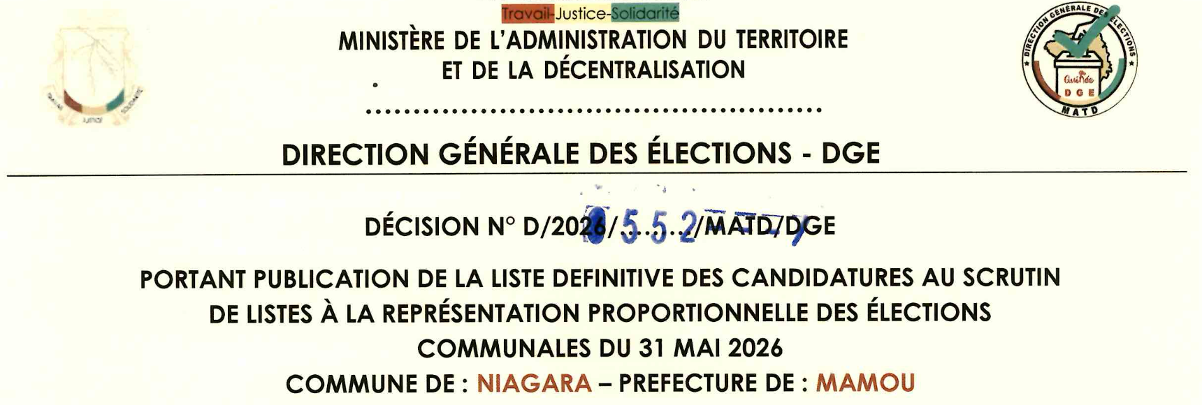 DÉCISION PORTANT PUBLICATION DE LA LISTE DEFINITIVE DES CANDIDATURES AUX ÉLECTIONS COMMUNALES DANS LA COMMUNE DE NIAGARA  PRÉFECTURE MAMOU