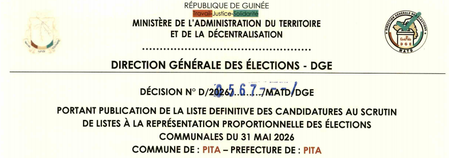 DÉCISION PORTANT PUBLICATION DE LA LISTE DEFINITIVE DES CANDIDATURES AUX ÉLECTIONS COMMUNALES DANS LA COMMUNE DE PITA PRÉFECTURE DE PITA 