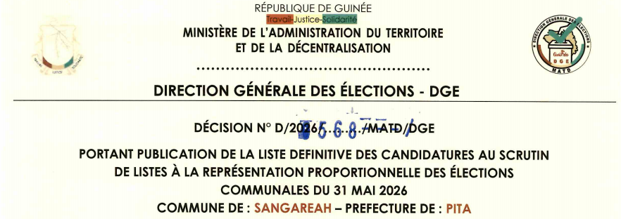 DÉCISION PORTANT PUBLICATION DE LA LISTE DEFINITIVE DES CANDIDATURES AUX ÉLECTIONS COMMUNALES DANS LA COMMUNE DE SANGAREAH PRÉFECTURE DE PITA 