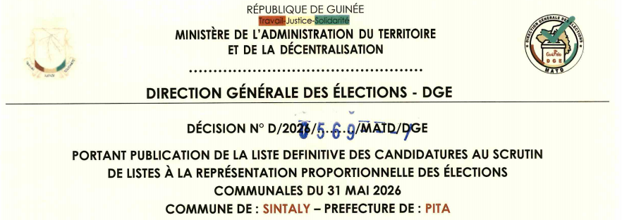 DÉCISION PORTANT PUBLICATION DE LA LISTE DEFINITIVE DES CANDIDATURES AUX ÉLECTIONS COMMUNALES DANS LA COMMUNE DE SINTALY PRÉFECTURE DE PITA 