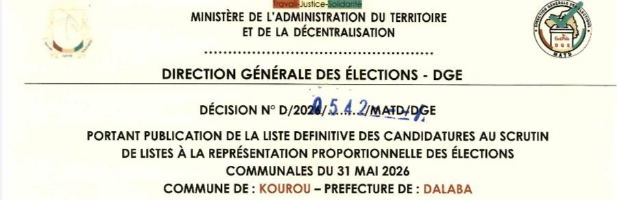 DÉCISION PORTANT PUBLICATION DE LA LISTE DEFINITIVE DES CANDIDATURES AUX ÉLECTIONS COMMUNALES DANS LA COMMUNE DE KOUROU PRÉFECTURE DALABA
