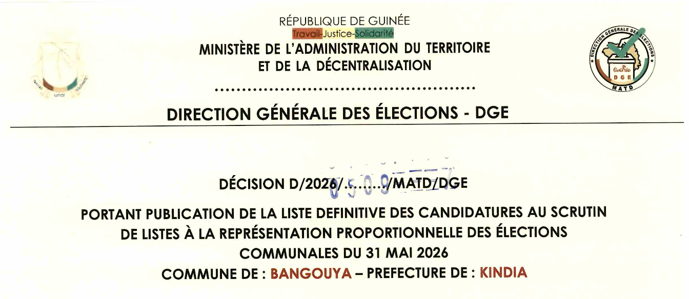 DÉCISION PORTANT PUBLICATION DE LA LISTE DEFINITIVE DES CANDIDATURES AUX ÉLECTIONS COMMUNALES DANS LA COMMUNE DE BANGOUYA PRÉFECTURE KINDIA