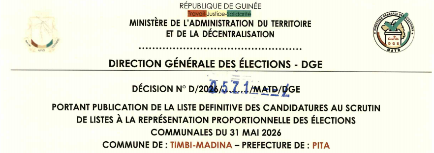 DÉCISION PORTANT PUBLICATION DE LA LISTE DEFINITIVE DES CANDIDATURES AUX ÉLECTIONS COMMUNALES DANS LA COMMUNE DE TIMBI MADINA PRÉFECTURE DE PITA 