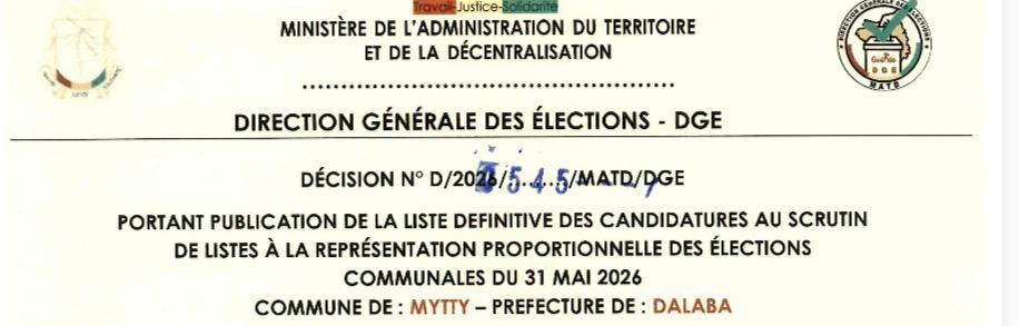 DÉCISION PORTANT PUBLICATION DE LA LISTE DEFINITIVE DES CANDIDATURES AUX ÉLECTIONS COMMUNALES DANS LA COMMUNE DE MYTTY PRÉFECTURE DALABA