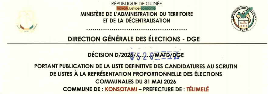 DÉCISION PORTANT PUBLICATION DE LA LISTE DEFINITIVE DES CANDIDATURES AUX ÉLECTIONS COMMUNALES DANS LA COMMUNE DE KONSOTAMI PRÉFECTURE DE TÉLIMELÉ 