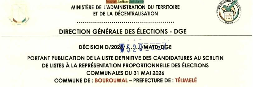 DÉCISION PORTANT PUBLICATION DE LA LISTE DEFINITIVE DES CANDIDATURES AUX ÉLECTIONS COMMUNALES DANS LA COMMUNE DE BOUROUWAL PRÉFECTURE TÉLIMELÉ