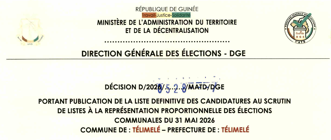 DÉCISION PORTANT PUBLICATION DE LA LISTE DEFINITIVE DES CANDIDATURES AUX ÉLECTIONS COMMUNALES DANS LA COMMUNE DE TÉLIMELÉ PRÉFECTURE TÉLIMELÉ
