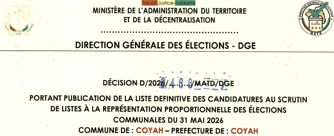 ÉCISION PORTANT PUBLICATION DE LA LISTE DEFINITIVE DES CANDIDATURES AUX ÉLECTIONS COMMUNALES DANS LA COMMUNE DE COYAH PRÉFECTURE COYAH