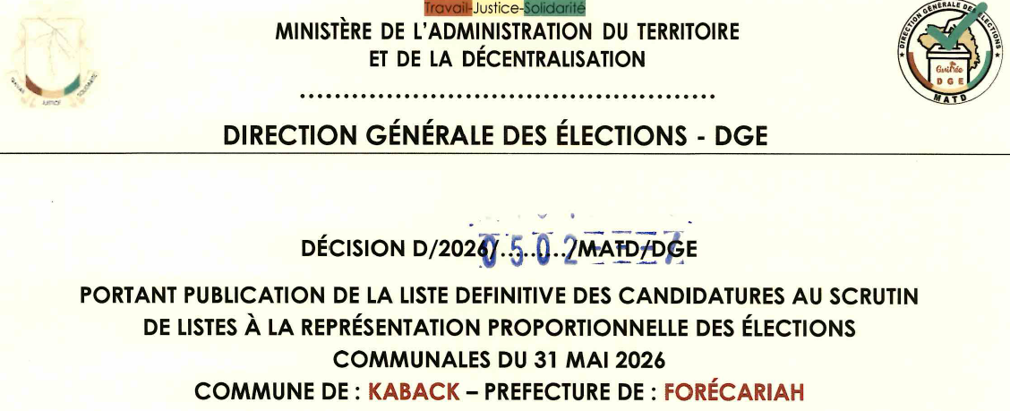 DÉCISION PORTANT PUBLICATION DE LA LISTE DEFINITIVE DES CANDIDATURES AUX ÉLECTIONS COMMUNALES DANS LA COMMUNE DE KABACK PRÉFECTURE FORECARIAH