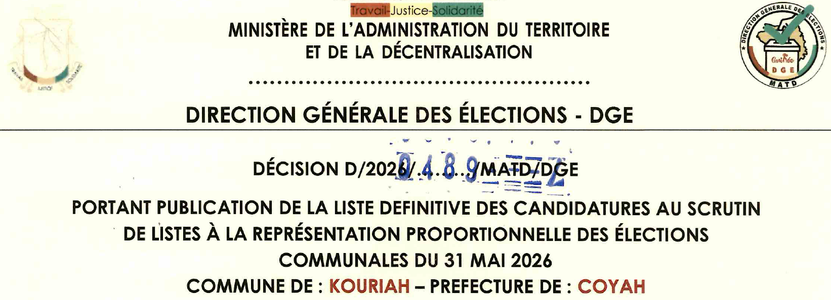 DÉCISION PORTANT PUBLICATION DE LA LISTE DEFINITIVE DES CANDIDATURES AUX ÉLECTIONS COMMUNALES DANS LA COMMUNE DE KOURIAH PRÉFECTURE COYAH