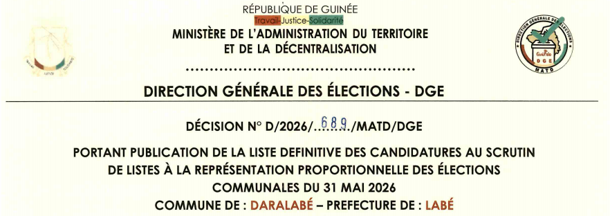DÉCISION PORTANT PUBLICATION DE LA LISTE DEFINITIVE DES CANDIDATURES AUX ÉLECTIONS COMMUNALES DANS LA COMMUNE DE DARALABÉ PRÉFECTURE DE LABÉ