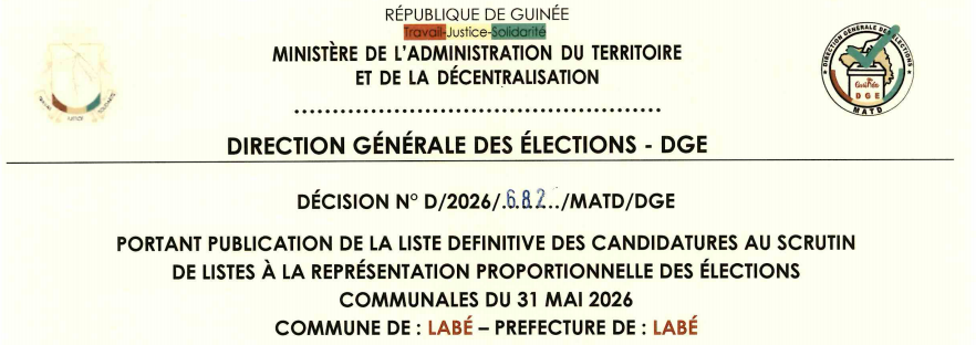 DÉCISION PORTANT PUBLICATION DE LA LISTE DEFINITIVE DES CANDIDATURES AUX ÉLECTIONS COMMUNALES DANS LA COMMUNE DE LABÉ PRÉFECTURE DE LABÉ