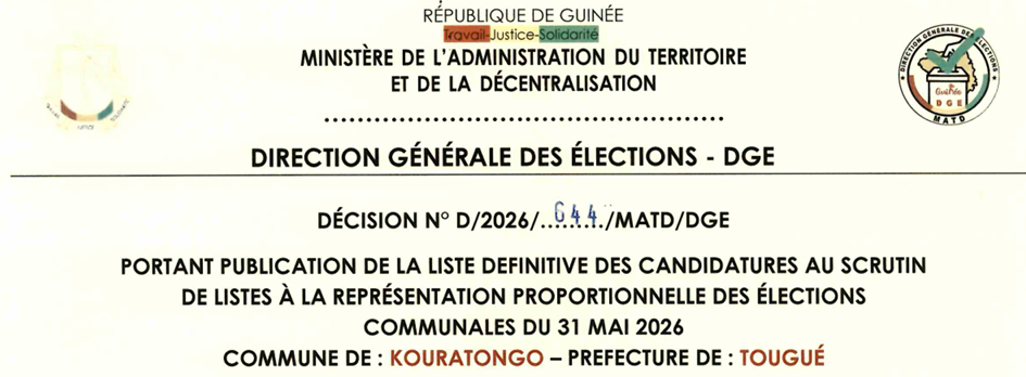 DÉCISION PORTANT PUBLICATION DE LA LISTE DEFINITIVE DES CANDIDATURES AUX ÉLECTIONS COMMUNALES DANS LA COMMUNE DE KOURATONGO PRÉFECTURE DE TOUGUE
