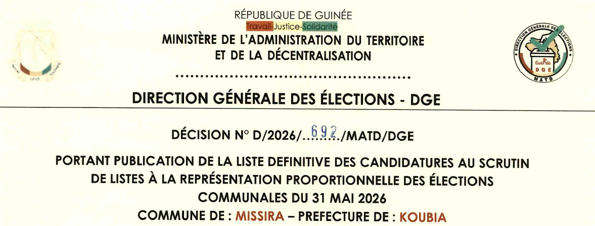 DÉCISION PORTANT PUBLICATION DE LA LISTE DEFINITIVE DES CANDIDATURES AUX ÉLECTIONS COMMUNALES DANS LA CIRCONSCRIPTION DE MISSIRA PRÉFECTURE DE KOUBIA