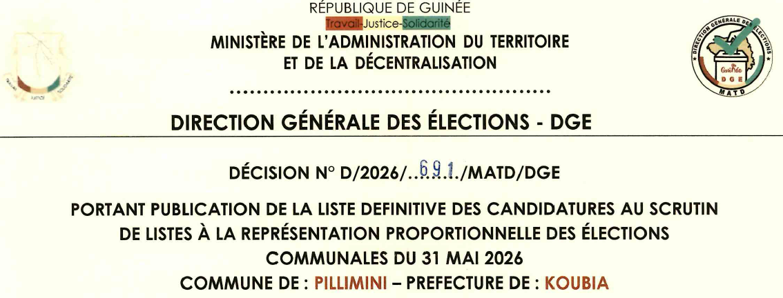 DÉCISION PORTANT PUBLICATION DE LA LISTE DEFINITIVE DES CANDIDATURES AUX ÉLECTIONS COMMUNALES DANS LA COMMUNE DE PILIMINI PRÉFECTURE DE KOUBIA