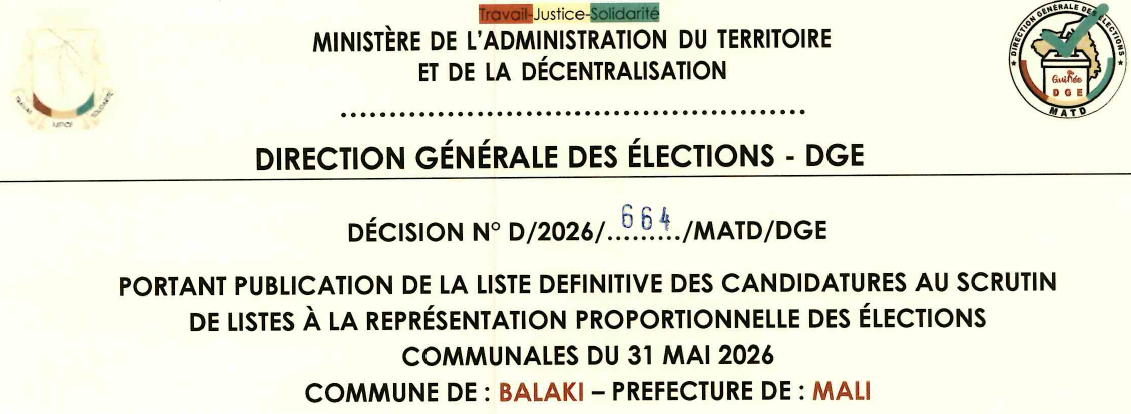 DÉCISION PORTANT PUBLICATION DE LA LISTE DEFINITIVE DES CANDIDATURES AUX ÉLECTIONS COMMUNALES DANS LA COMMUNE DE BALAKI PRÉFECTURE DE MALI