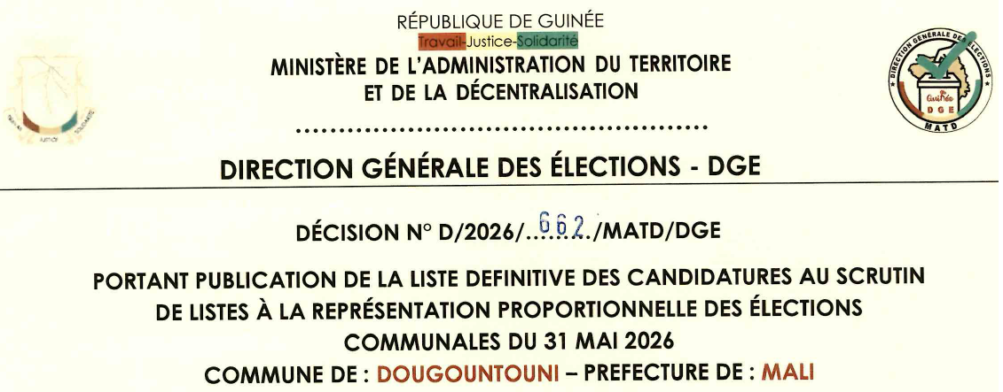 DÉCISION PORTANT PUBLICATION DE LA LISTE DEFINITIVE DES CANDIDATURES AUX ÉLECTIONS COMMUNALES DANS LA COMMUNE DE DOUGOUNTOUNI PRÉFECTURE DE MALI