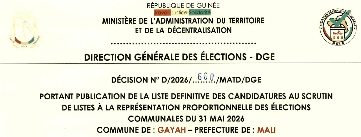 DÉCISION PORTANT PUBLICATION DE LA LISTE DEFINITIVE DES CANDIDATURES AUX ÉLECTIONS COMMUNALES DANS LA COMMUNE DE GAYAH PRÉFECTURE DE MALI