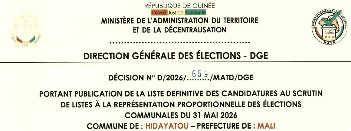 DÉCISION PORTANT PUBLICATION DE LA LISTE DEFINITIVE DES CANDIDATURES AUX ÉLECTIONS COMMUNALES DANS LA COMMUNE DE HIDAYATOU PRÉFECTURE DE MALI