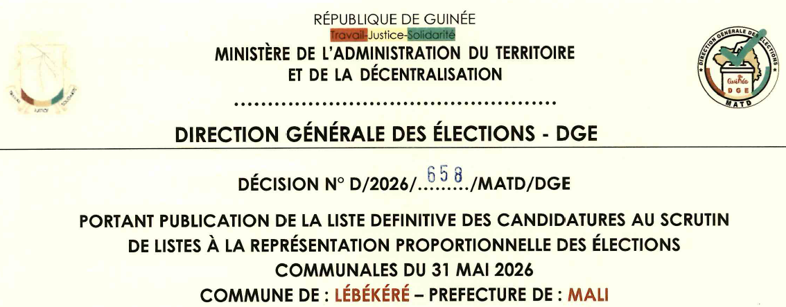 DÉCISION PORTANT PUBLICATION DE LA LISTE DEFINITIVE DES CANDIDATURES AUX ÉLECTIONS COMMUNALES DANS LA COMMUNE DE LEBEKERE PRÉFECTURE DE MALI
