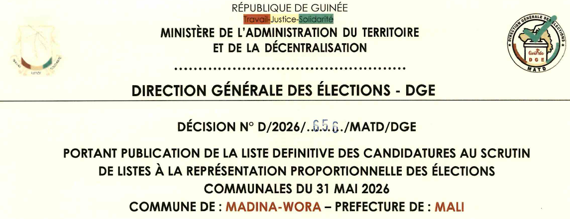 DÉCISION PORTANT PUBLICATION DE LA LISTE DEFINITIVE DES CANDIDATURES AUX ÉLECTIONS COMMUNALES DANS LA COMMUNE DE MADINA-WORA PRÉFECTURE DE MALI