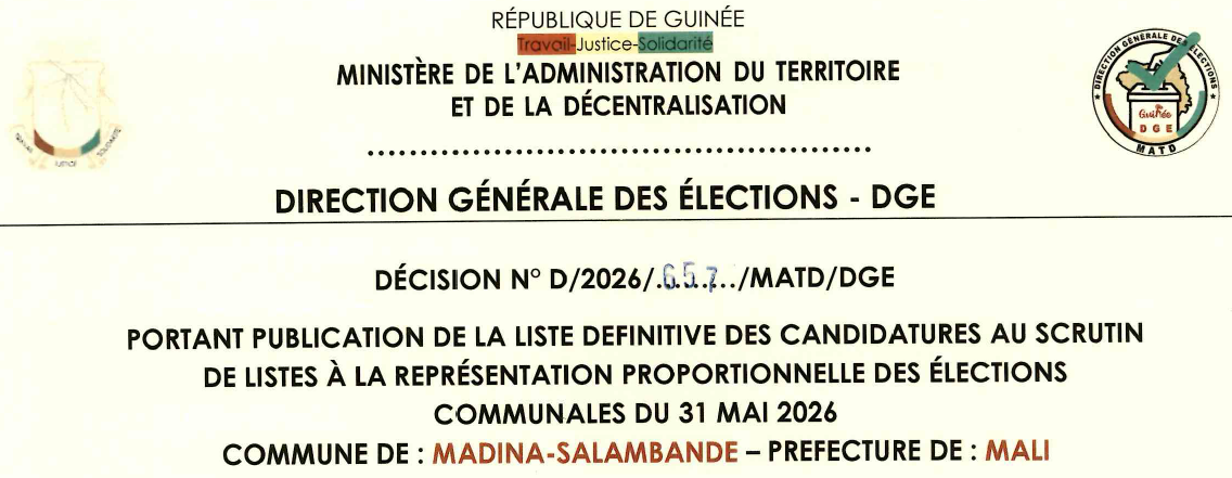 DÉCISION PORTANT PUBLICATION DE LA LISTE DEFINITIVE DES CANDIDATURES AUX ÉLECTIONS COMMUNALES DANS LA COMMUNE DE MADINA-SALAMBANDE PRÉFECTURE DE MALI