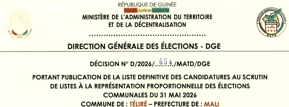 DÉCISION PORTANT PUBLICATION DE LA LISTE DEFINITIVE DES CANDIDATURES AUX ÉLECTIONS COMMUNALES DANS LA COMMUNE DE TELIRE PRÉFECTURE DE MALI