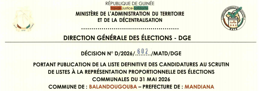 DÉCISION PORTANT PUBLICATION DE LA LISTE DEFINITIVE DES CANDIDATURES AUX ÉLECTIONS COMMUNALES DANS LA COMMUNE DE BALANDOUGOUBA PRÉFECTURE DE MANDIANA