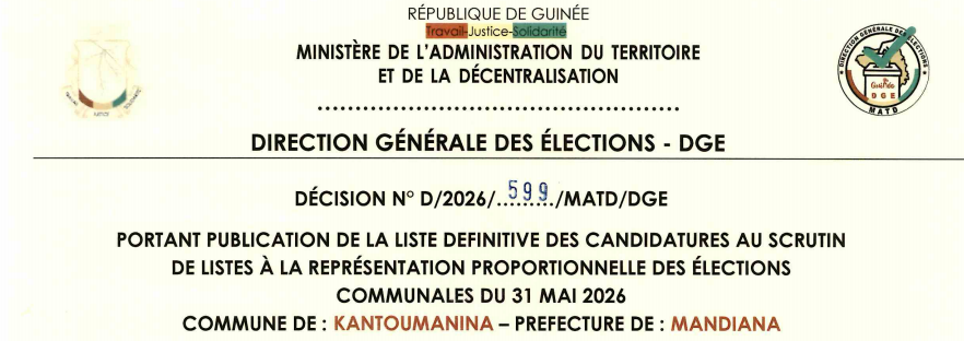 DÉCISION PORTANT PUBLICATION DE LA LISTE DEFINITIVE DES CANDIDATURES AUX ÉLECTIONS COMMUNALES DANS LA COMMUNE DE KANTOUMANINA PRÉFECTURE DE MANDIANA