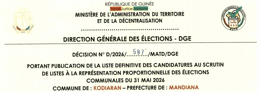 DÉCISION PORTANT PUBLICATION DE LA LISTE DEFINITIVE DES CANDIDATURES AUX ÉLECTIONS COMMUNALES DANS LA COMMUNE DE KODIARAN PRÉFECTURE DE MANDIANA