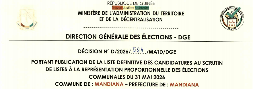 DÉCISION PORTANT PUBLICATION DE LA LISTE DEFINITIVE DES CANDIDATURES AUX ÉLECTIONS COMMUNALES DANS LA COMMUNE DE MANDIANA PRÉFECTURE DE MANDIANA