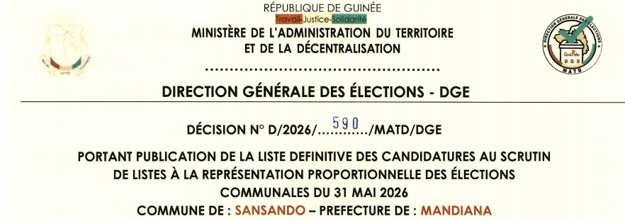 DÉCISION PORTANT PUBLICATION DE LA LISTE DEFINITIVE DES CANDIDATURES AUX ÉLECTIONS COMMUNALES DANS LA COMMUNE DE SANSANDO PRÉFECTURE DE MANDIANA