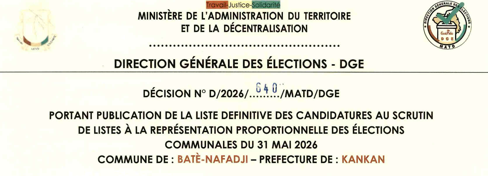 DÉCISION PORTANT PUBLICATION DE LA LISTE DEFINITIVE DES CANDIDATURES AUX ÉLECTIONS COMMUNALES DANS LA COMMUNE DE BATE-NAFADJI PRÉFECTURE KANKAN