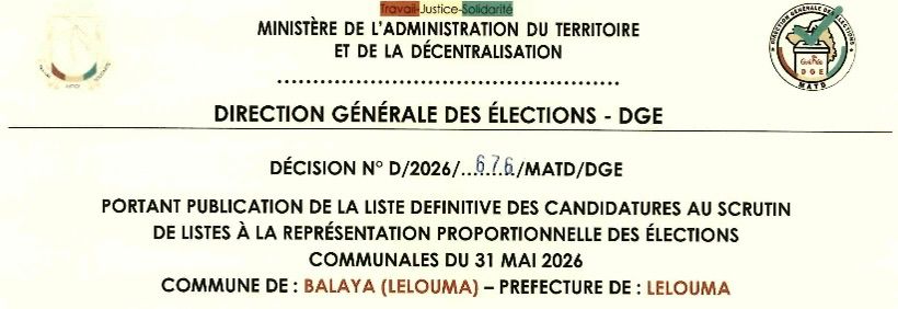 DÉCISION PORTANT PUBLICATION DE LA LISTE DEFINITIVE DES CANDIDATURES AUX ÉLECTIONS COMMUNALES DANS LA COMMUNE DE BALAYA PRÉFECTURE LELOUMA
