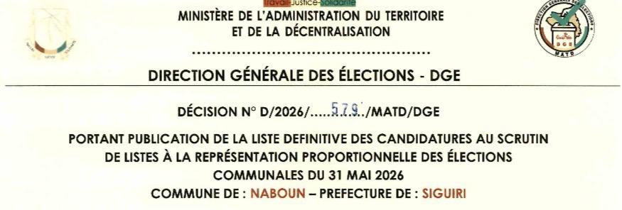 DÉCISION PORTANT PUBLICATION DE LA LISTE DEFINITIVE DES CANDIDATURES AUX ÉLECTIONS COMMUNALES DANS LA COMMUNE DE NABOUN PRÉFECTURE SIGUIRI