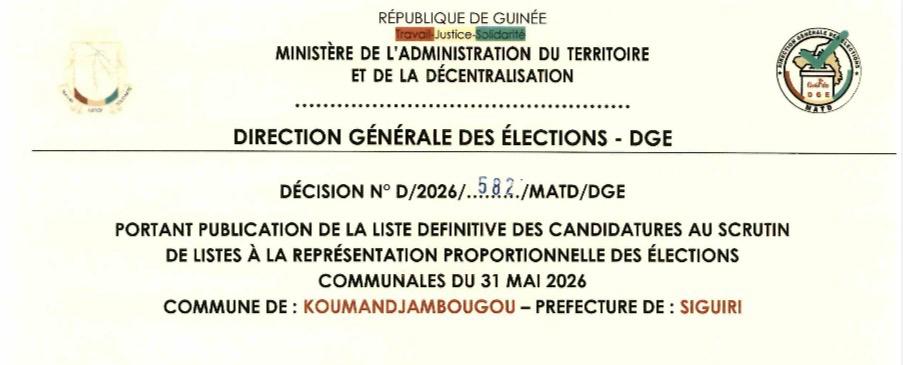 DÉCISION PORTANT PUBLICATION DE LA LISTE DEFINITIVE DES CANDIDATURES AUX ÉLECTIONS COMMUNALES DANS LA COMMUNE DE KOUMANDJANBOUGOU PRÉFECTURE SIGUIRI