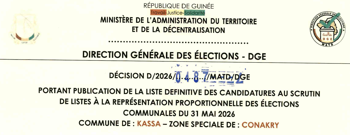 DÉCISION PORTANT PUBLICATION DE LA LISTE DEFINITIVE DES CANDIDATURES AUX ÉLECTIONS COMMUNALES DANS LA COMMUNE DE KASSA