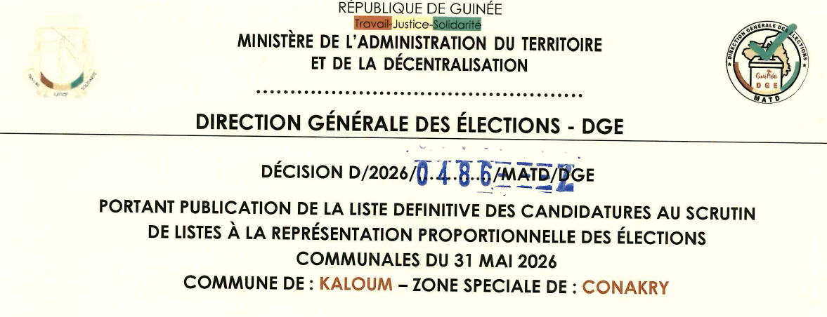 DÉCISION PORTANT PUBLICATION DE LA LISTE DEFINITIVE DES CANDIDATURES AUX ÉLECTIONS COMMUNALES DANS LA COMMUNE DE KALOUM