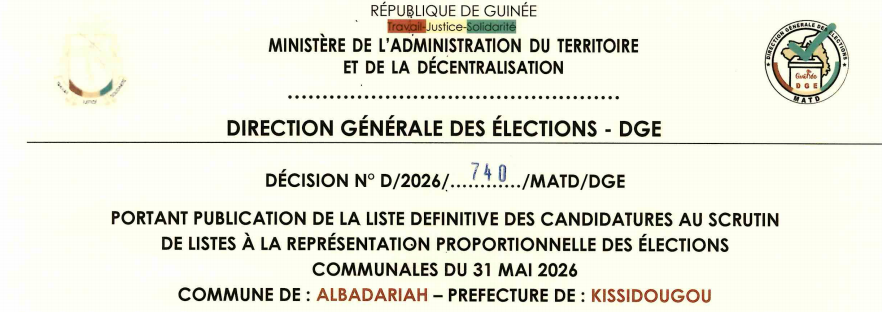 DÉCISION PORTANT PUBLICATION DE LA LISTE DEFINITIVE DES CANDIDATURES AUX ÉLECTIONS COMMUNALES DANS LA COMMUNE DE ALBADARIAH PRÉFECTURE DE KISSIDOUGOU