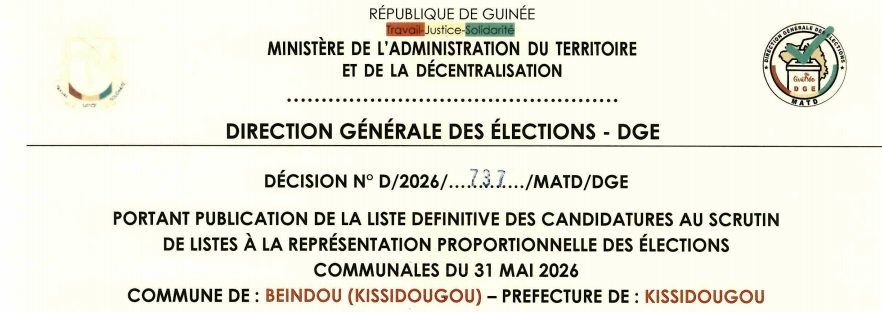 DÉCISION PORTANT PUBLICATION DE LA LISTE DEFINITIVE DES CANDIDATURES AUX ÉLECTIONS COMMUNALES DANS LA COMMUNE DE BEINDOU PRÉFECTURE DE KISSIDOUGOU