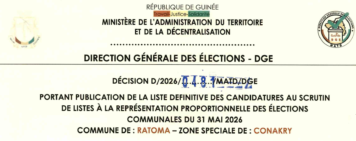 DÉCISION PORTANT PUBLICATION DE LA LISTE DEFINITIVE DES CANDIDATURES AUX ÉLECTIONS COMMUNALES DANS LA COMMUNE DE RATOMA