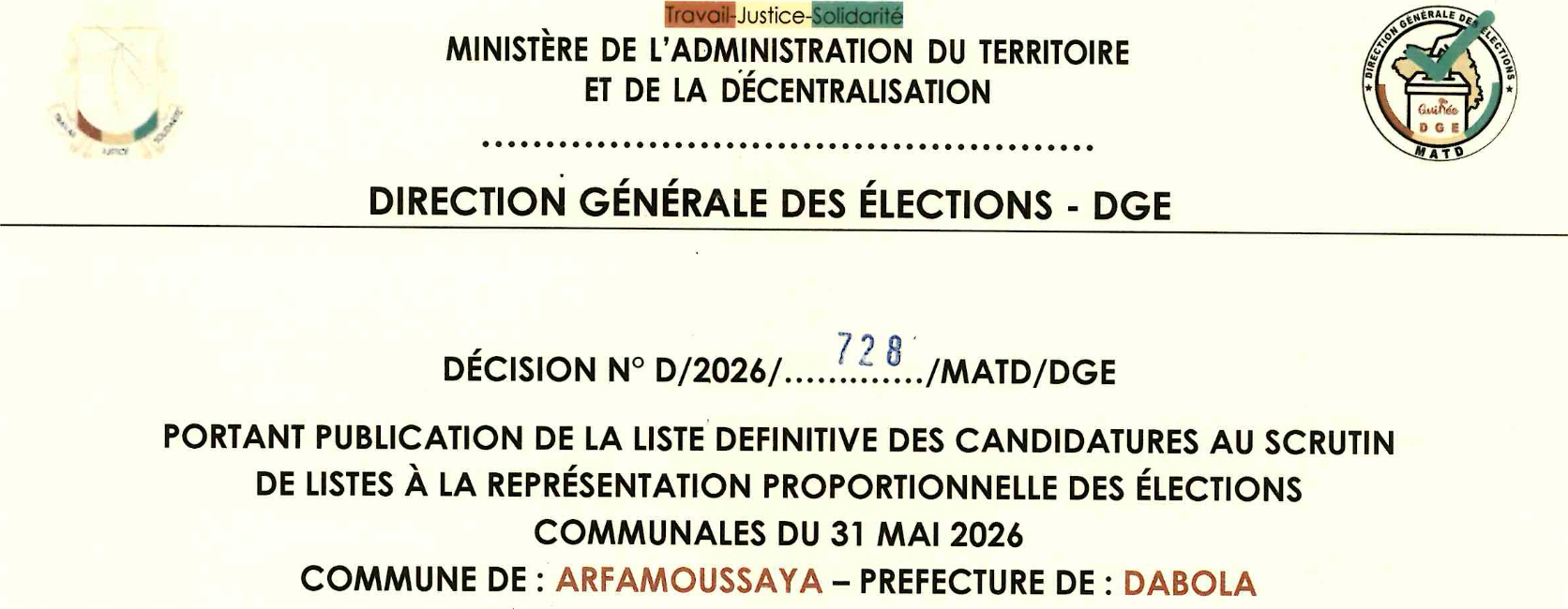 DÉCISION PORTANT PUBLICATION DE LA LISTE DEFINITIVE DES CANDIDATURES AUX ÉLECTIONS COMMUNALES DANS LA COMMUNE DE ARFAMOUSSAYA PRÉFECTURE DABOLA