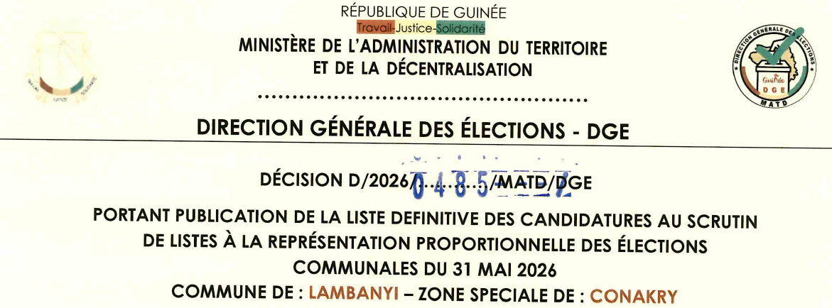 DÉCISION PORTANT PUBLICATION DE LA LISTE DEFINITIVE DES CANDIDATURES AUX ÉLECTIONS COMMUNALES DANS LA COMMUNE DE LAMBANYI