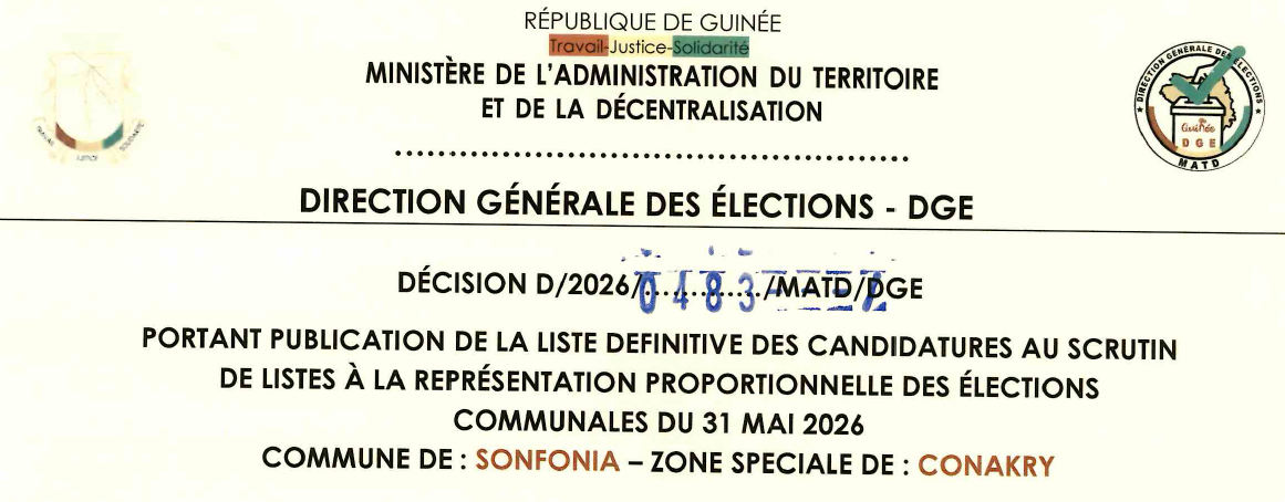 DÉCISION PORTANT PUBLICATION DE LA LISTE DEFINITIVE DES CANDIDATURES AUX ÉLECTIONS COMMUNALES DANS LA COMMUNE DE SONFONIA
